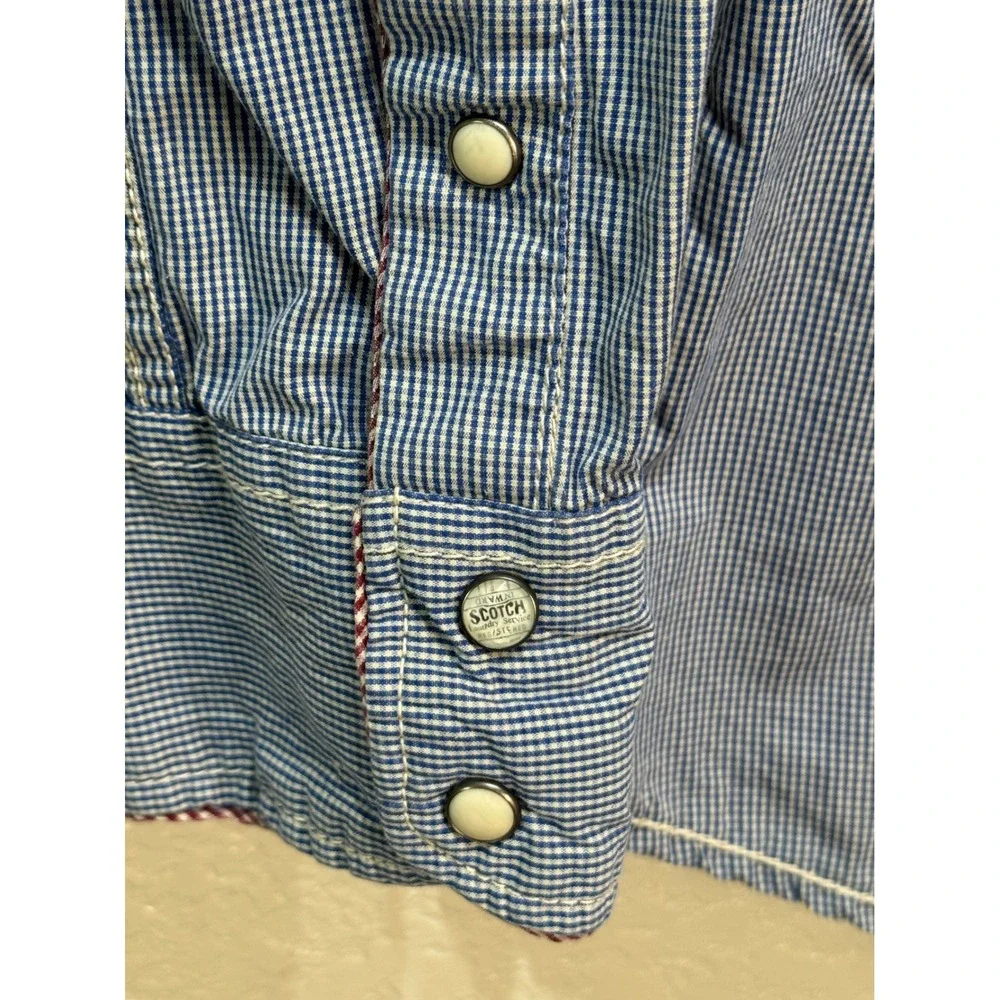 Scotch & Soda Mens Blue‎ Gingham Western Pearl Snap Shirt Graphic Back Large